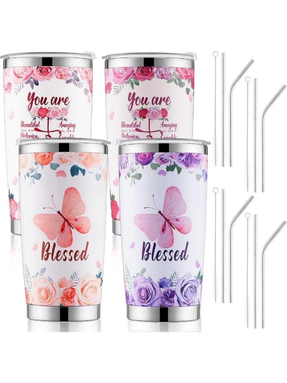 4 Pack Bible Verse Tumblers 20 oz Stainless Steel Travel Mugs with Lids